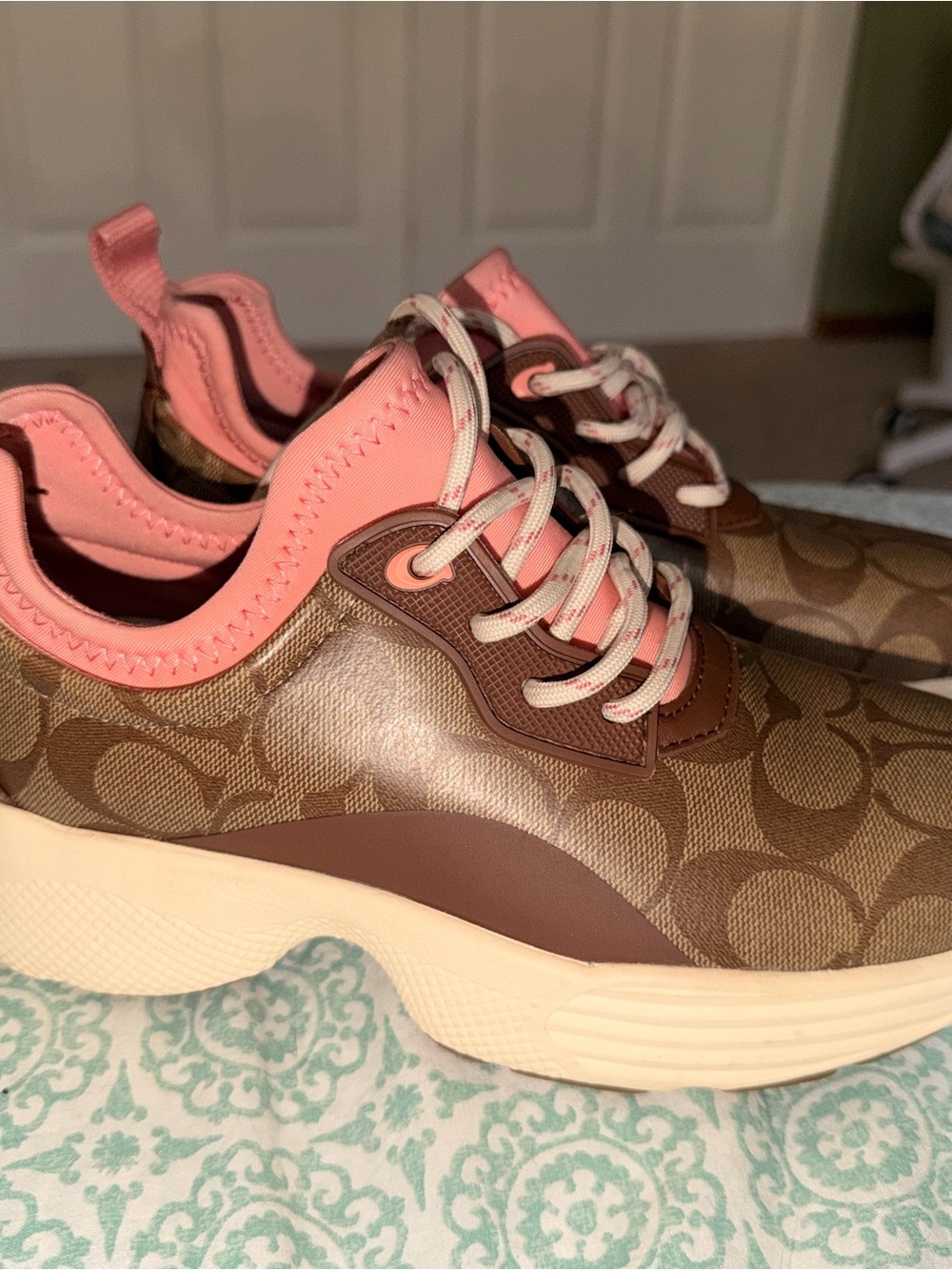 Coach Kids Brown Signature Logo Sneakers with Pink Trim